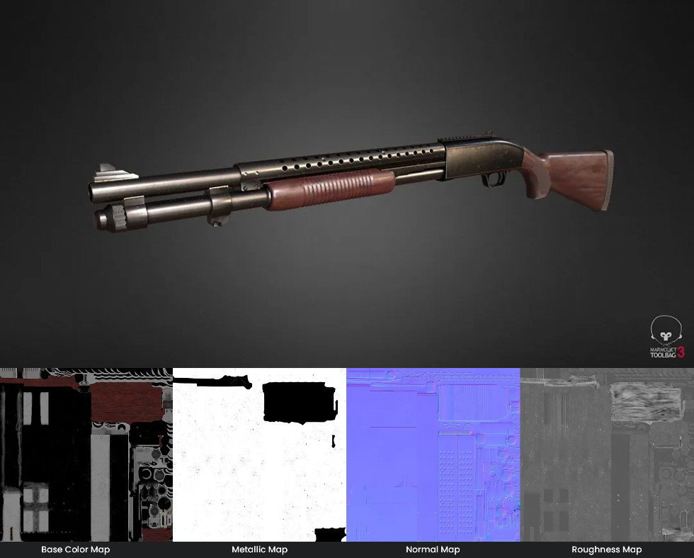 Arma renderizada com PBR usando o toolkit de renderização [Marmoset](https://marmoset.co), e conjunto de texturas utilizadas ([fonte](https://cghero.com/glossary/pbr-texturing)).