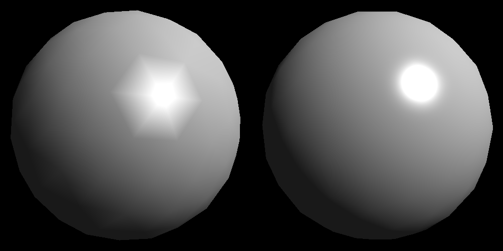 Visualização de uma esfera aproximada por triângulos, com Gouraud shading (esquerda) e Phong shading (direita).