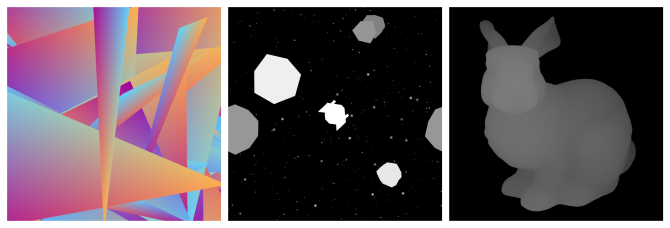 Uma amostra dos resultados dos projetos anteriores, cada um como uma estratégia diferente para determina as cores dos pixels.